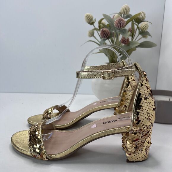 Steve Madden Carrson Sandal Gold Sequin Ankle Strap Block Heel Women's US 6 M - Picture 1 of 10